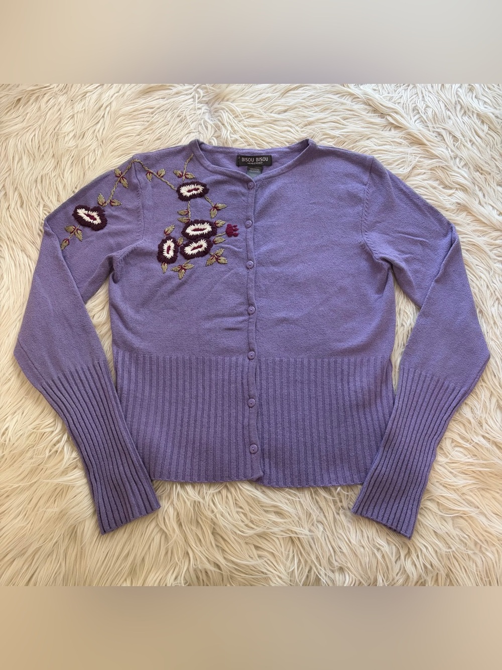 Bisou Bisou Michele Bohbot Purple Floral Embroidered Cardigan Sweater Women’s M